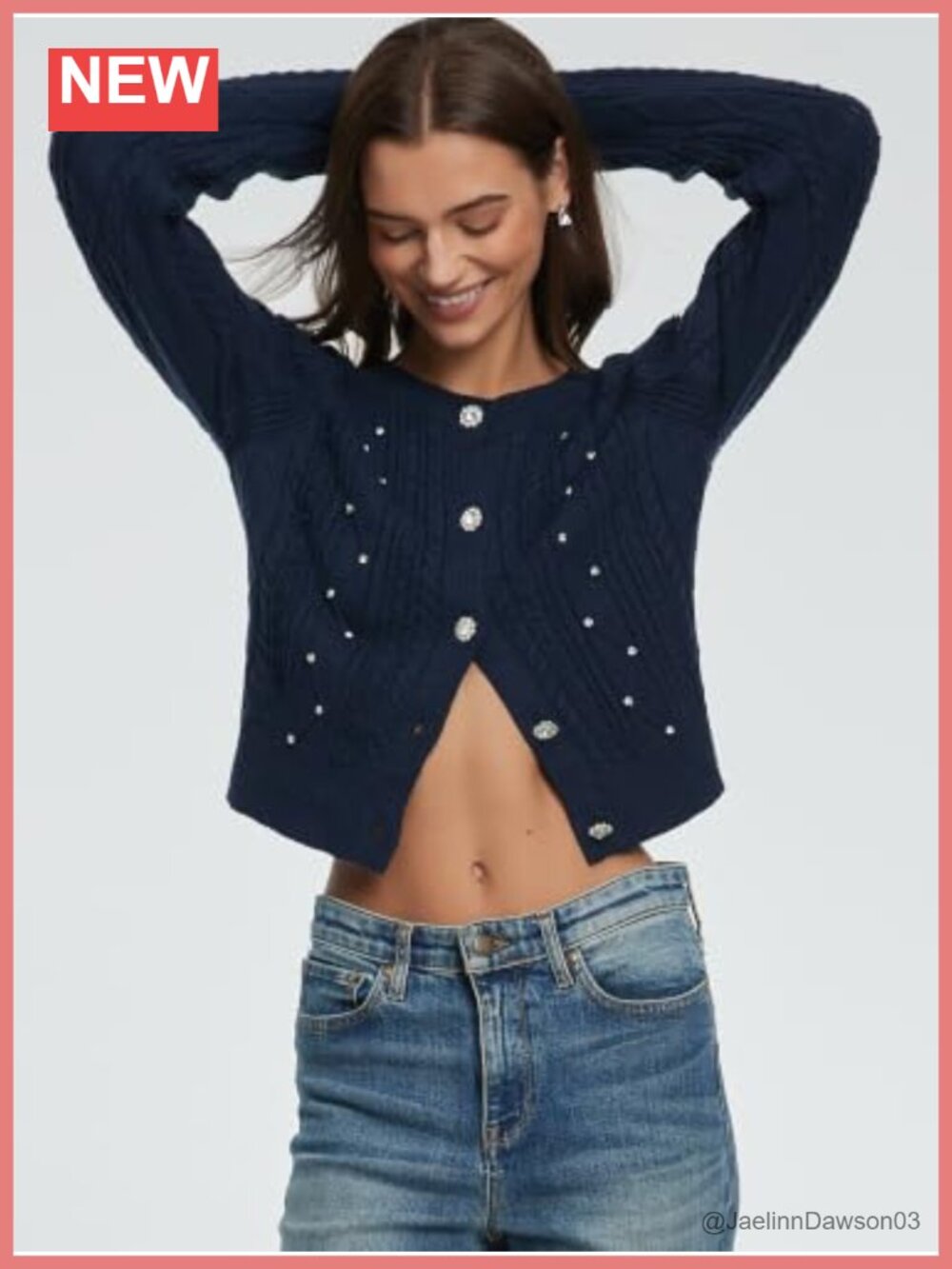 Cropped Cardigan Rhinestone Button Front Cable Knit Sweater - Picture 5 of 6
